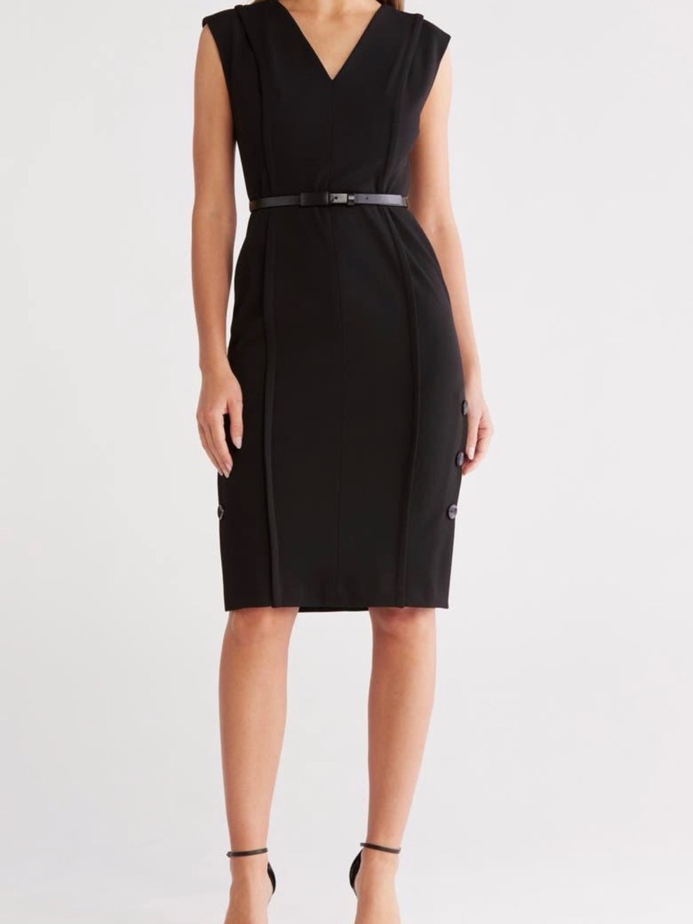 NWT Calvin Klein Black Belted Side Buttoned Sheath Dress MSRP $134